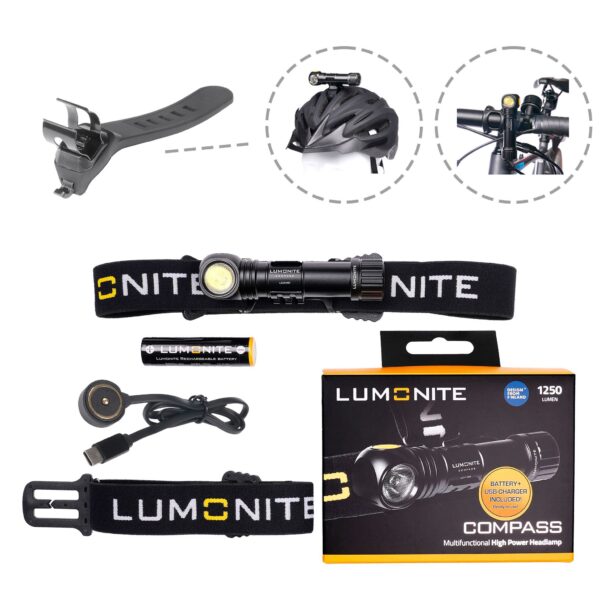 Pandelampe LUMONITE Compass - 1250 lm / Genopladelig, Standard-pakke + Cykelbeslag
