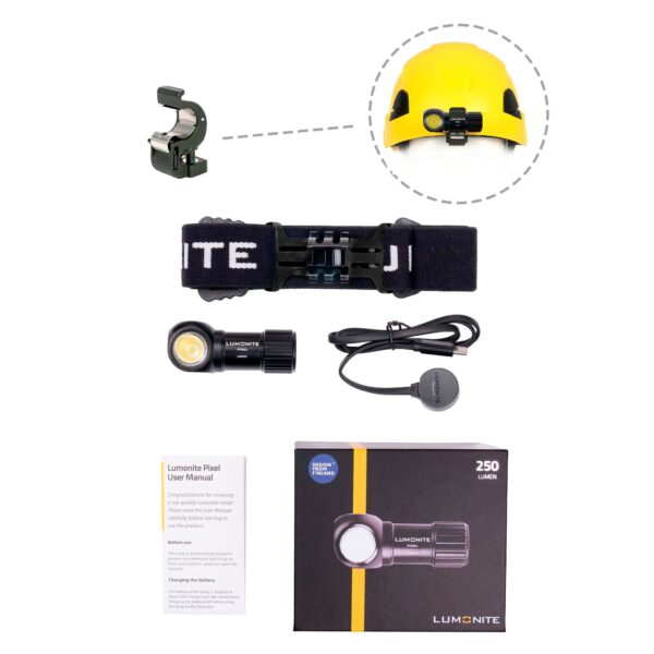 Pandelampe LUMONITE Pixel V2 - 250 lm / Genopladelig, Standardpakke + Hjelmbeslag (skrubar)