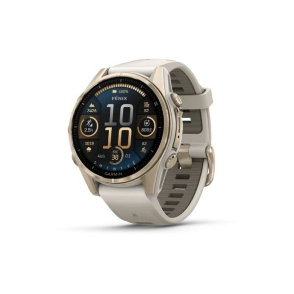 Garmin fēnix 8 – 43 mm AMOLED Sapphire Smartwatch Soft Gold (Topografiske kort, Dykkerfunktioner) Til mænd og kvinder – Løbeshop