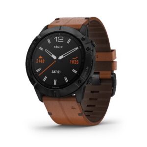 Garmin fenix 6X Pro og Sapphire, Sort DLC med chestnut-brun læderrem