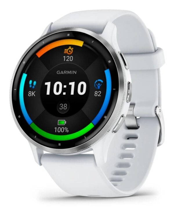 Sportsur Garmin Venu 3 – 45 mm AMOLED, sølv/hvid, GPS & Wi‑Fi